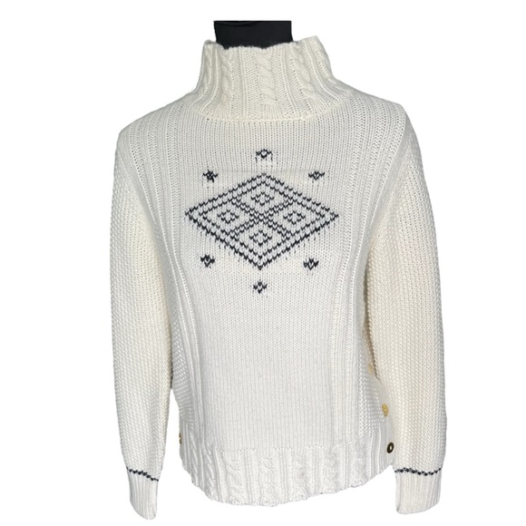 J Crew The Reeds X Off White/Navy Mock Neck Side Gold Buttons Sweater (M) - Picture 4 of 12